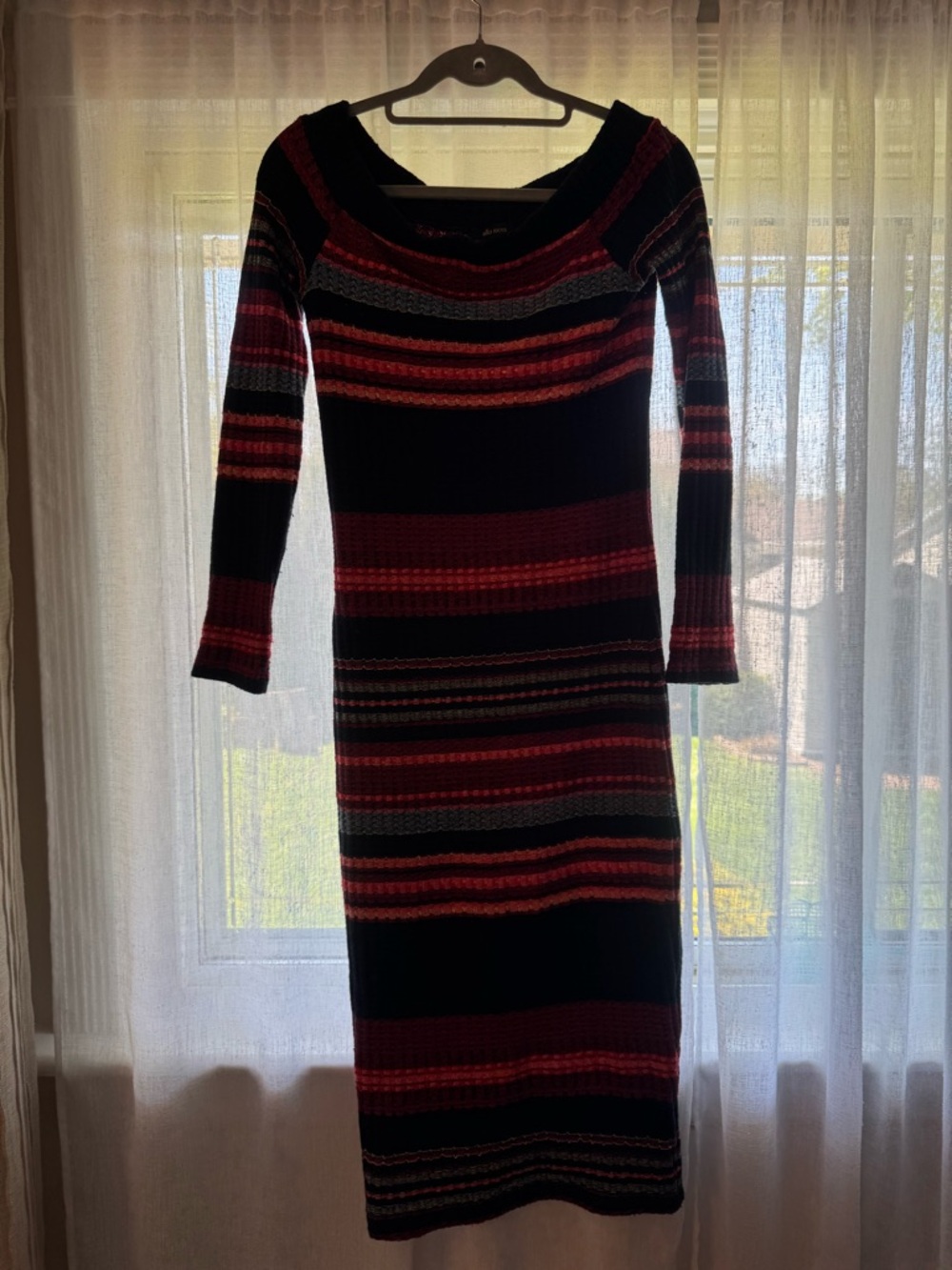 Ella Moss Black and Red Striped Off-Shoulder Maxi Dress